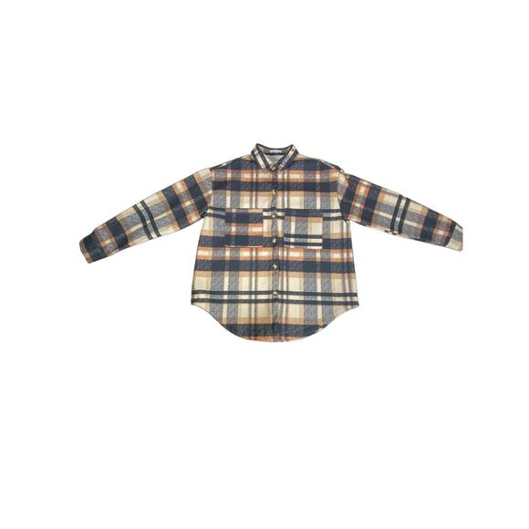 Betianro Womens Flannel Shirt Jacket Shacket Medium Navy Peach Cream Plaid - Picture 6 of 9